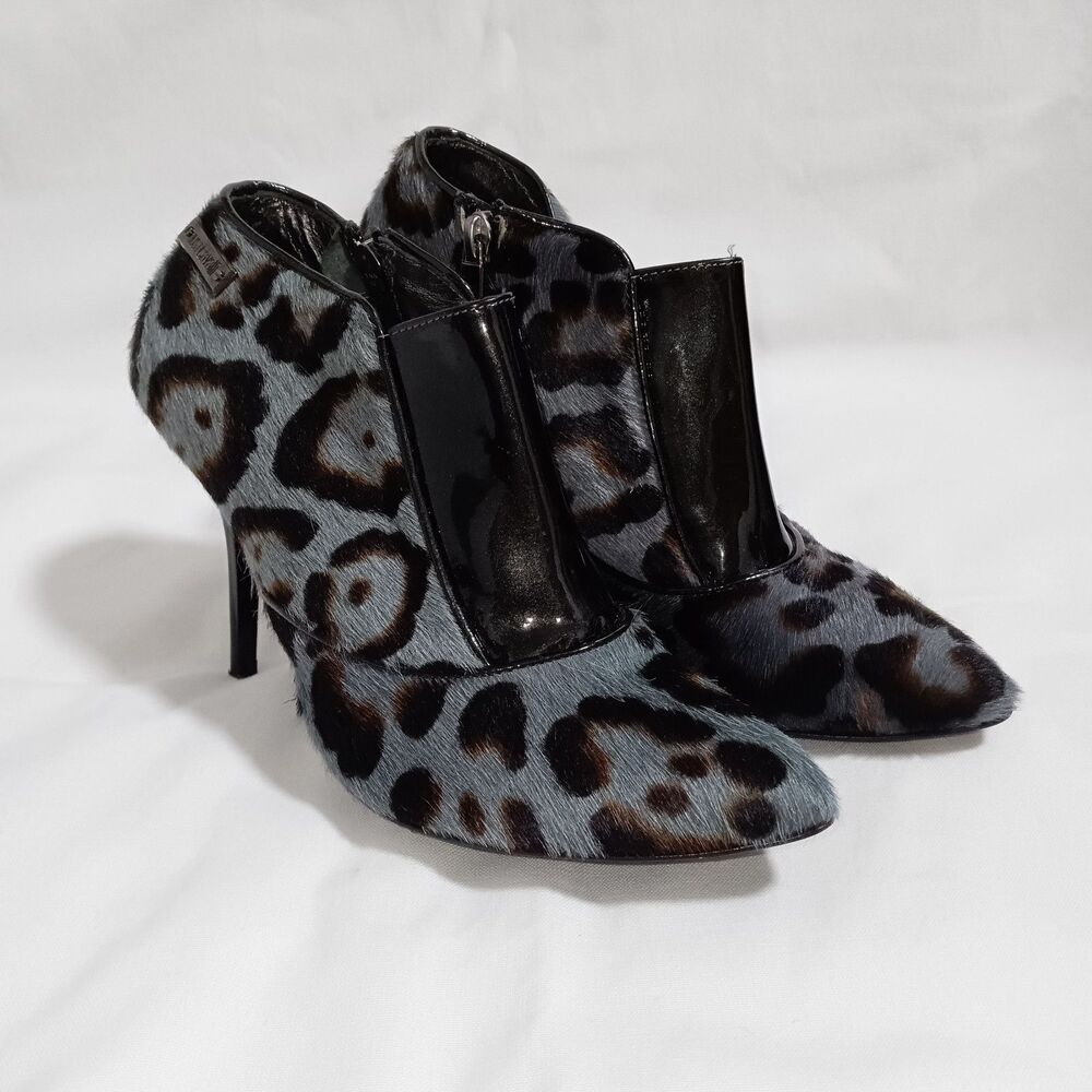 Just Cavalli Leopard Print Blue Cowhide Ankle Boots Womens EU 37/ US 6.5-7 Y2K